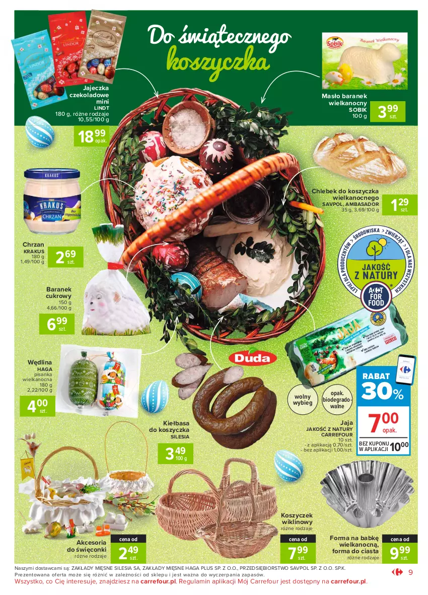 Gazetka promocyjna Carrefour - Gazetka Market - ważna 28.03 do 03.04.2021 - strona 9 - produkty: Chleb, Chrzan, Gra, Jaja, Kiełbasa, Kosz, Krakus, Lindt, Masło, Wędlina