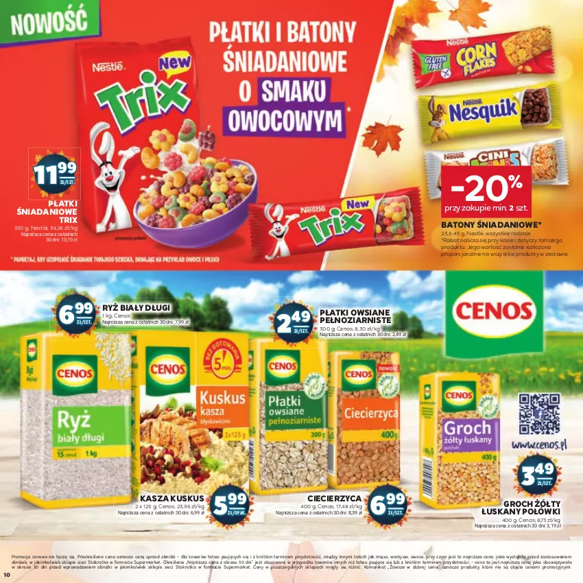 Gazetka promocyjna Stokrotka - Jesienne Inspiracje - ważna 17.10.2023 do 29.10.2024 - strona 10 - produkty: Baton, Cenos, Danio, Groch, Kasza, Kuskus, Mięso, Nestlé, Owoce, Płatki owsiane, Por, Ryż, Ryż biały, Warzywa