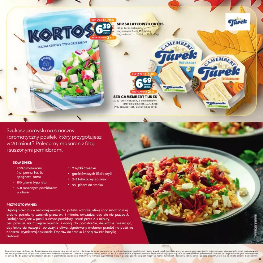 Gazetka promocyjna Stokrotka - Jesienne Inspiracje - ważna 17.10.2023 do 29.10.2024 - strona 15 - produkty: Bazyl, Camembert, Czosnek, Feta, Kawa, Makaron, Mięso, Nuty, Owoce, Penne, Pieprz, Pomidory, Sałat, Ser, Sól, Sos, Spaghetti, Suszone pomidory, Top, Warzywa