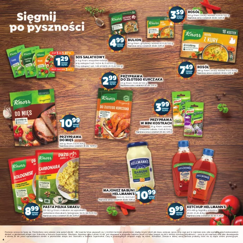 Gazetka promocyjna Stokrotka - Jesienne Inspiracje - ważna 17.10.2023 do 29.10.2024 - strona 4 - produkty: Babuni, Bulion, Cebula, Czosnek, Hellmann’s, Ketchup, Knorr, Kurczak, Lion, Majonez, Makaron, Mięso, Owoce, Rosół, Sałat, Sos, Szpinak, Warzywa