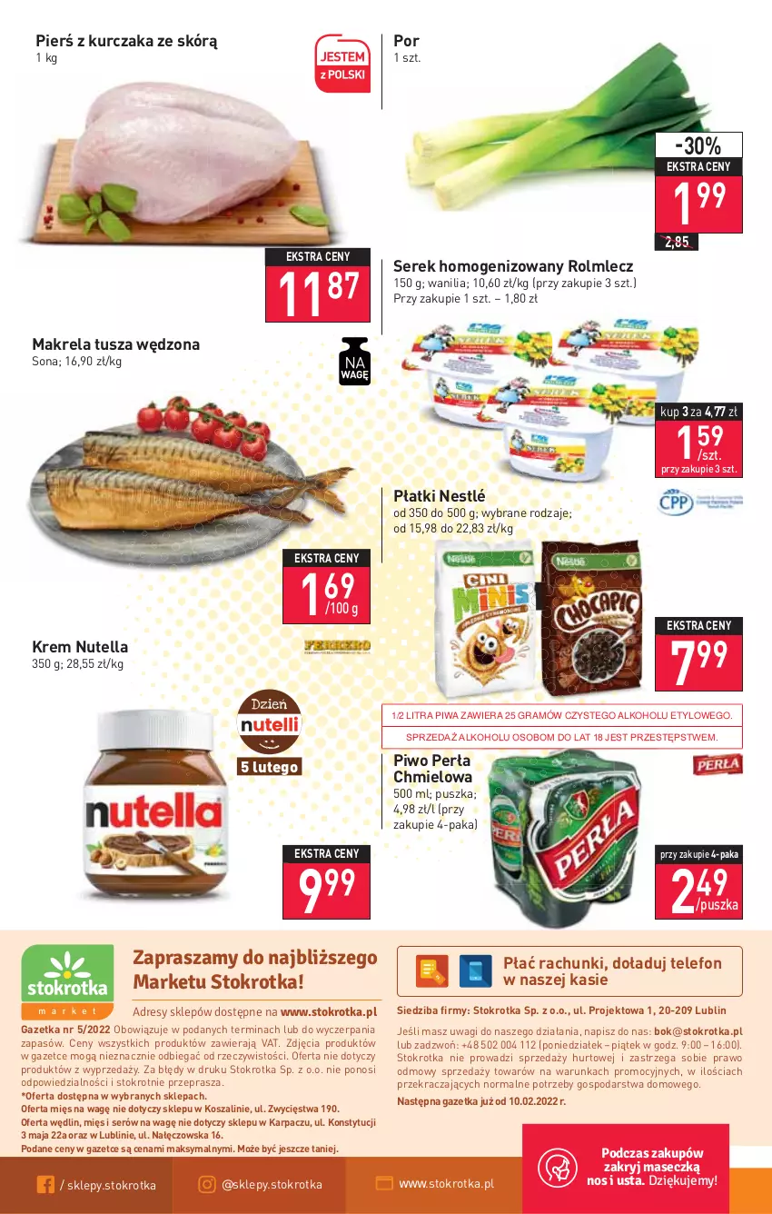 Gazetka promocyjna Stokrotka - Market - ważna 03.02 do 09.02.2022 - strona 12 - produkty: Gra, Karp, Kosz, Kurczak, Nestlé, Nutella, O nas, Perła, Piwa, Piwo, Por, Rolmlecz, Ser, Serek, Serek homogenizowany, Szal, Telefon, Tusz, Wagi