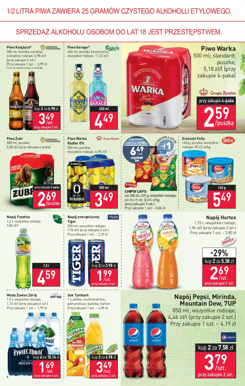 Gazetka promocyjna Stokrotka - Market - ważna 03.02 do 09.02.2022 - strona 6 - produkty: 7up, Chipsy, Felix, Gra, Hortex, Książęce, Lay’s, Mirinda, Napój, Napój energetyczny, Orzeszki, Pepsi, Piwa, Piwo, Radler, Sok, Tiger, Tymbark, Warka, Woda