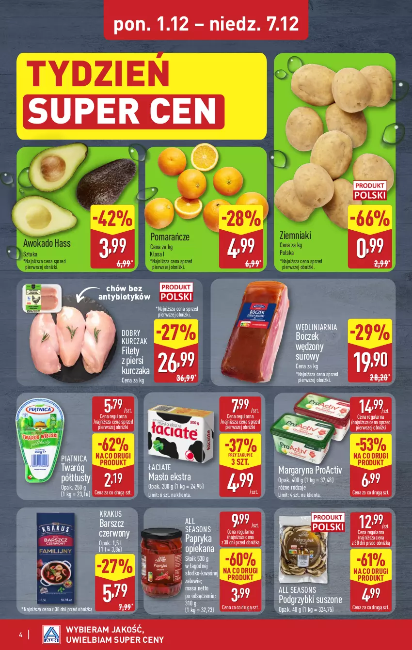 Gazetka promocyjna Aldi - Wykwintne smaki - ważna 04.12 do 07.12.2025 - strona 4 - produkty: All Seasons, Boczek, Krakus, Kurczak, Margaryna, Masło, Papryka, Piątnica, Podgrzybki, Pomarańcze, Twaróg, Twaróg półtłusty, Ziemniaki