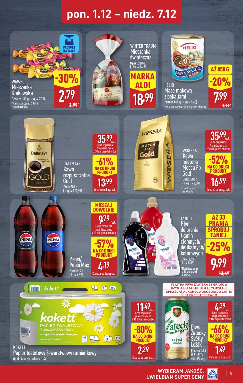 Gazetka promocyjna Aldi - Wykwintne smaki - ważna 04.12 do 07.12.2025 - strona 5 - produkty: Dallmayr, Gra, Helio, Kawa, Kawa mielona, Kawa rozpuszczalna, Mocca Fix Gold, Papier, Papier toaletowy, Pepsi, Pepsi max, Piwa, Piwo, Płyn do prania, Rum, Wawel, Woseba