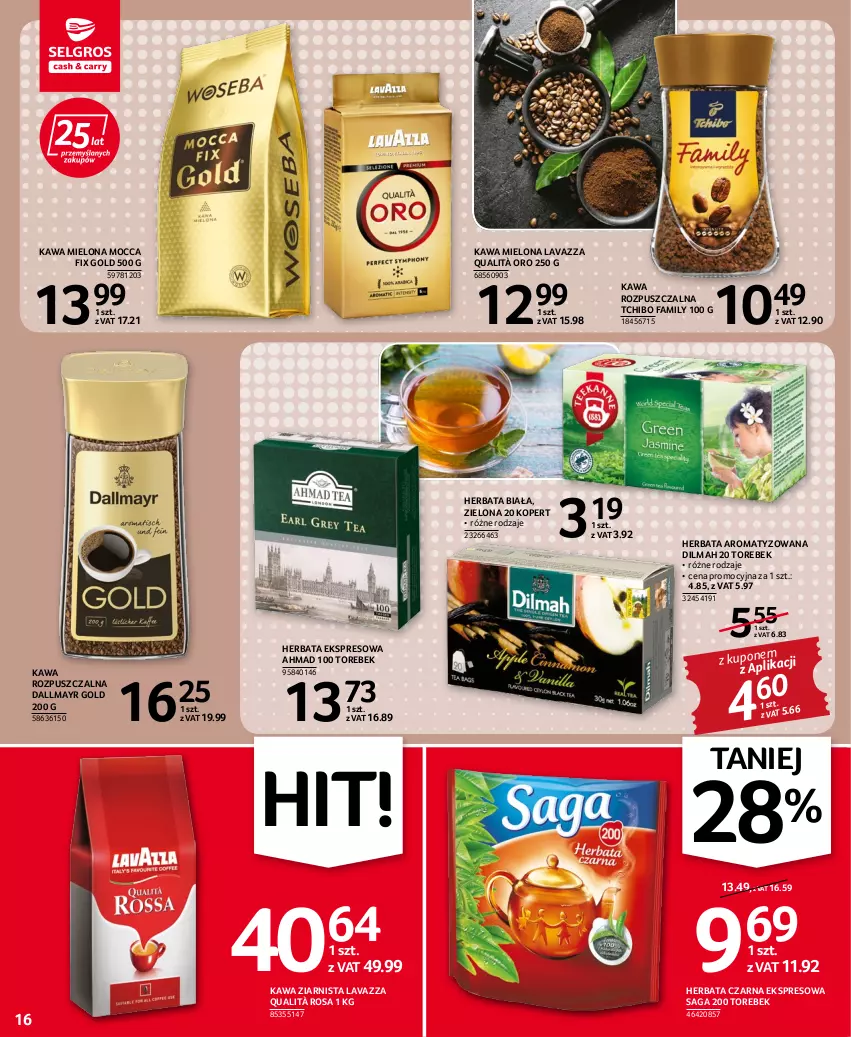 Gazetka promocyjna Selgros - Oferta spożywcza - ważna 14.07 do 27.07.2022 - strona 16 - produkty: Dallmayr, Dilmah, Fa, Herbata, Herbata czarna, Kawa, Kawa mielona, Kawa rozpuszczalna, Kawa ziarnista, Lavazza, Mocca Fix Gold, Saga, Tchibo, Tchibo Family