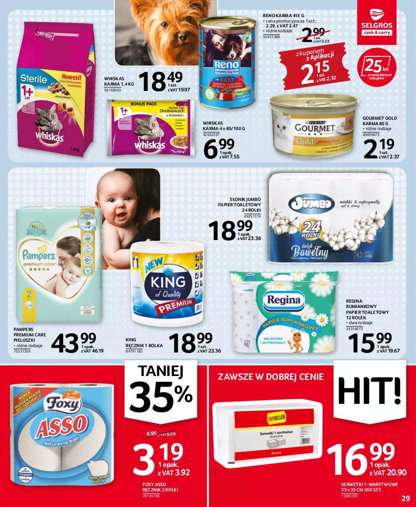 Gazetka promocyjna Selgros - Oferta spożywcza - ważna 14.07 do 27.07.2022 - strona 29 - produkty: Foxy, Gin, Gourmet Gold, Pampers, Papier, Papier toaletowy, Ręcznik, Rolki, Rum, Ser, Serwetki, Whiskas