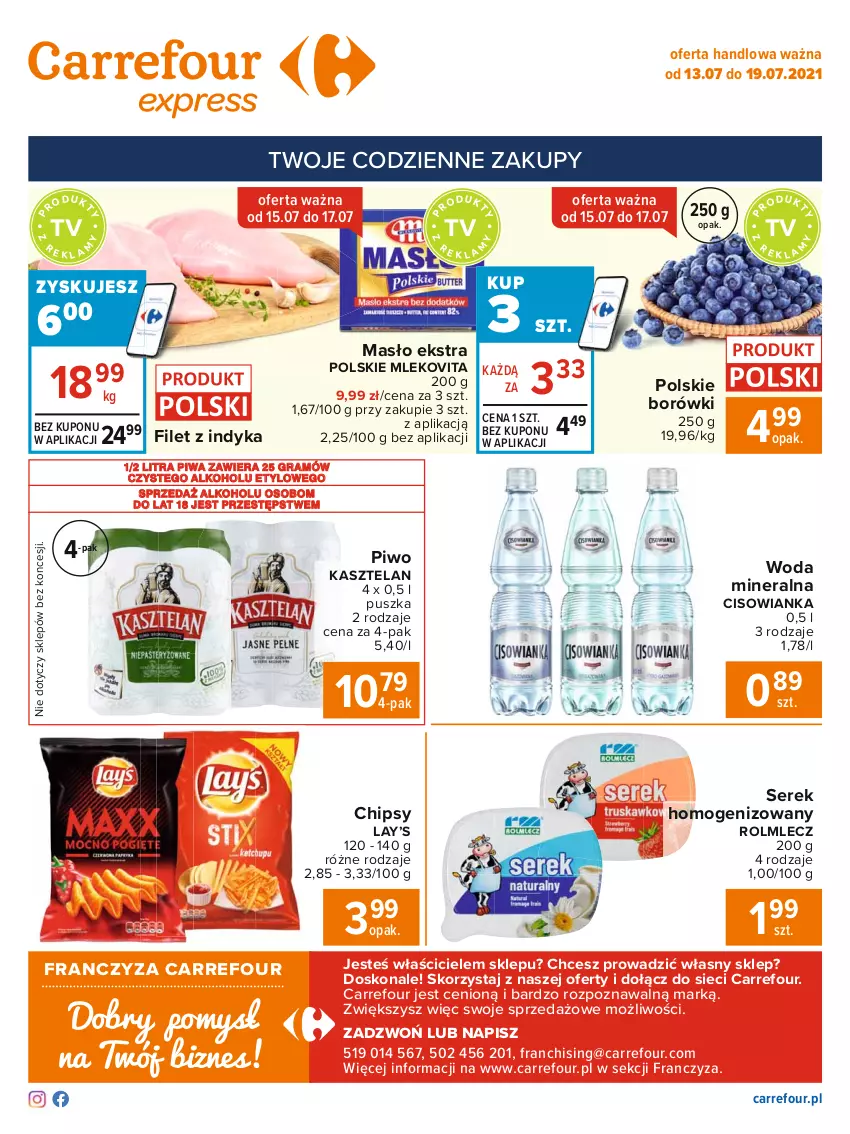 Gazetka promocyjna Carrefour - Gazetka Express - ważna 12.07 do 19.07.2021 - strona 2 - produkty: Chipsy, Cisowianka, Gra, Kasztelan, Lay’s, Masło, Mleko, Mlekovita, Piwa, Piwo, Rolmlecz, Ser, Serek, Serek homogenizowany, Woda, Woda mineralna