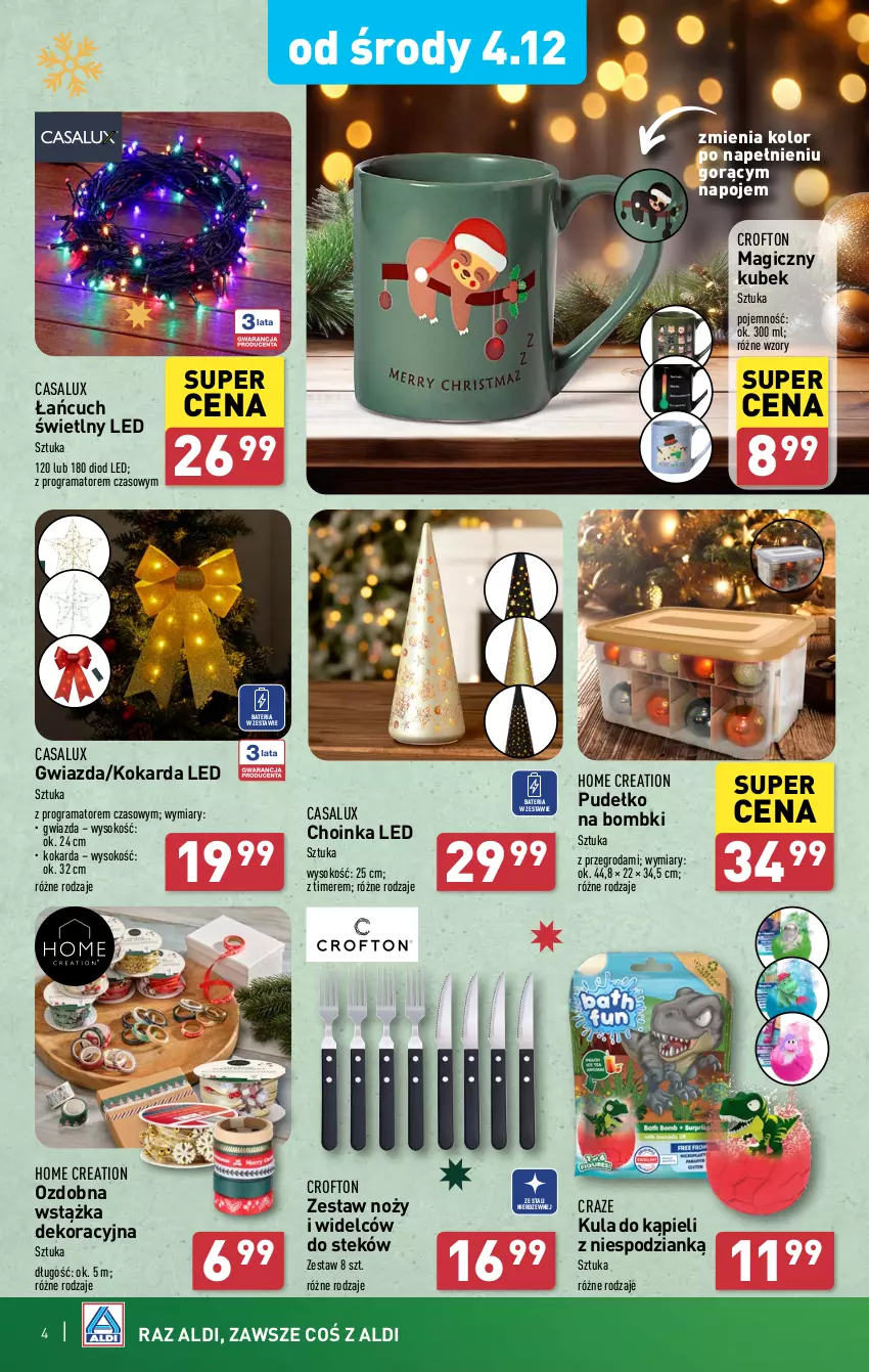 Gazetka promocyjna Aldi - Artykuły przemysłowe i tekstylia - ważna 04.12 do 07.12.2024 - strona 4 - produkty: Bateria, Bombki, Choinka, Gra, Gwiazda, Inka, Kubek, Kula do kąpieli, Napoje, Noż, Pudełko, Rama, Sok, Stek, Wstążka