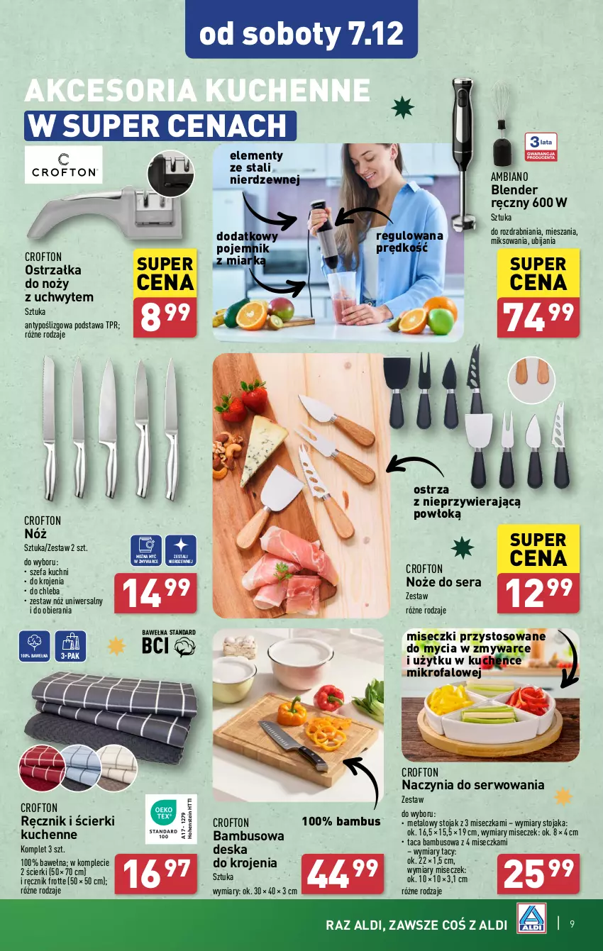 Gazetka promocyjna Aldi - Artykuły przemysłowe i tekstylia - ważna 04.12 do 07.12.2024 - strona 9 - produkty: Blender, Blender ręczny, Chleb, Deska do krojenia, Fa, Miseczka, Noż, Nóż uniwersalny, Ostrzałka do noży, Pojemnik, Ręcznik, Ser, Stojak, Taca, Wełna