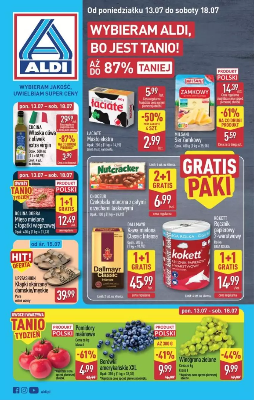Gazetka promocyjna Aldi - Pełna oferta - ważna 13.07 do 18.07.2026 - strona 1 - produkty: Fa, Kawa, Kawa mielona, Masło, Mięso, Mięso mielone, Ser