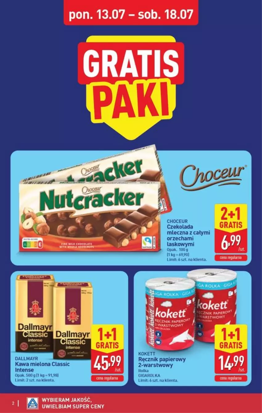 Gazetka promocyjna Aldi - Pełna oferta - ważna 13.07 do 18.07.2026 - strona 2 - produkty: Czekolada, Czekolada mleczna, Dallmayr, Gra, Kawa, Kawa mielona, Papier, Ręcznik