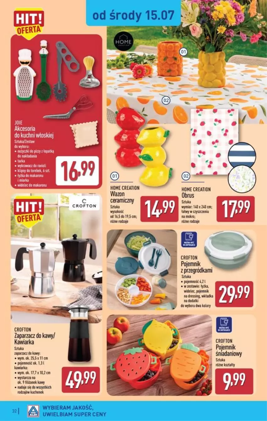 Gazetka promocyjna Aldi - Pełna oferta - ważna 13.07 do 18.07.2026 - strona 32 - produkty: Danio, Dres, Kawiarka, Obrus, Pojemnik, Sok, Wazon, Widelec, Zaparzacz, Zaparzacz do kawy