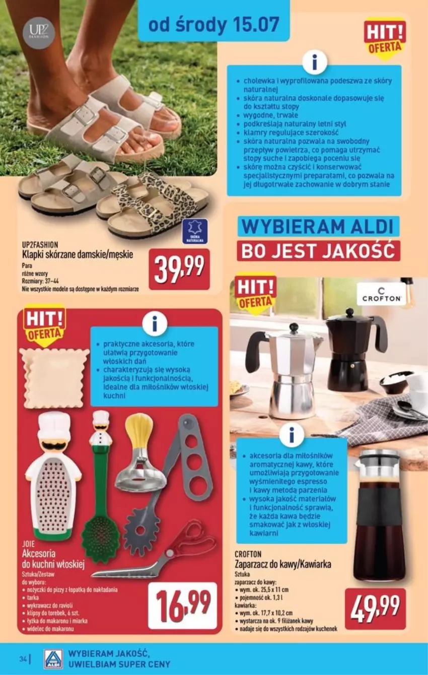 Gazetka promocyjna Aldi - Pełna oferta - ważna 13.07 do 18.07.2026 - strona 34 - produkty: Fa, Kawa, Kawiarka, Klapki, Miarka, Ser, Sok, Top, Zaparzacz, Zaparzacz do kawy
