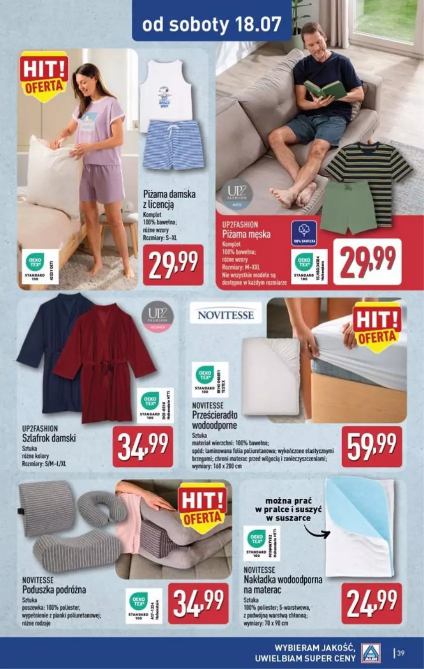 Gazetka promocyjna Aldi - Pełna oferta - ważna 13.07 do 18.07.2026 - strona 39 - produkty: Fa, Materac, Piżama, Poduszka, Por, Poszewka, Szlafrok, Tera, Wełna