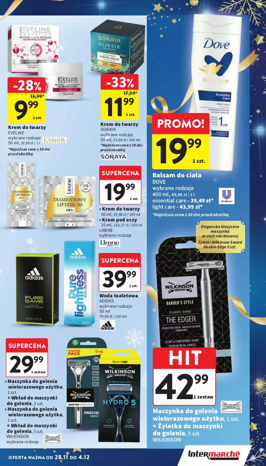 Gazetka promocyjna Intermarche - ważna 28.11 do 04.12.2024 - strona 11 - produkty: Adidas, Balsam do ciała, Dove, Eveline, Krem do twarzy, Krem pod oczy, Lirene, Maszynka, Maszynka do golenia, Szynka, Wilkinson Sword, Woda, Woda toaletowa