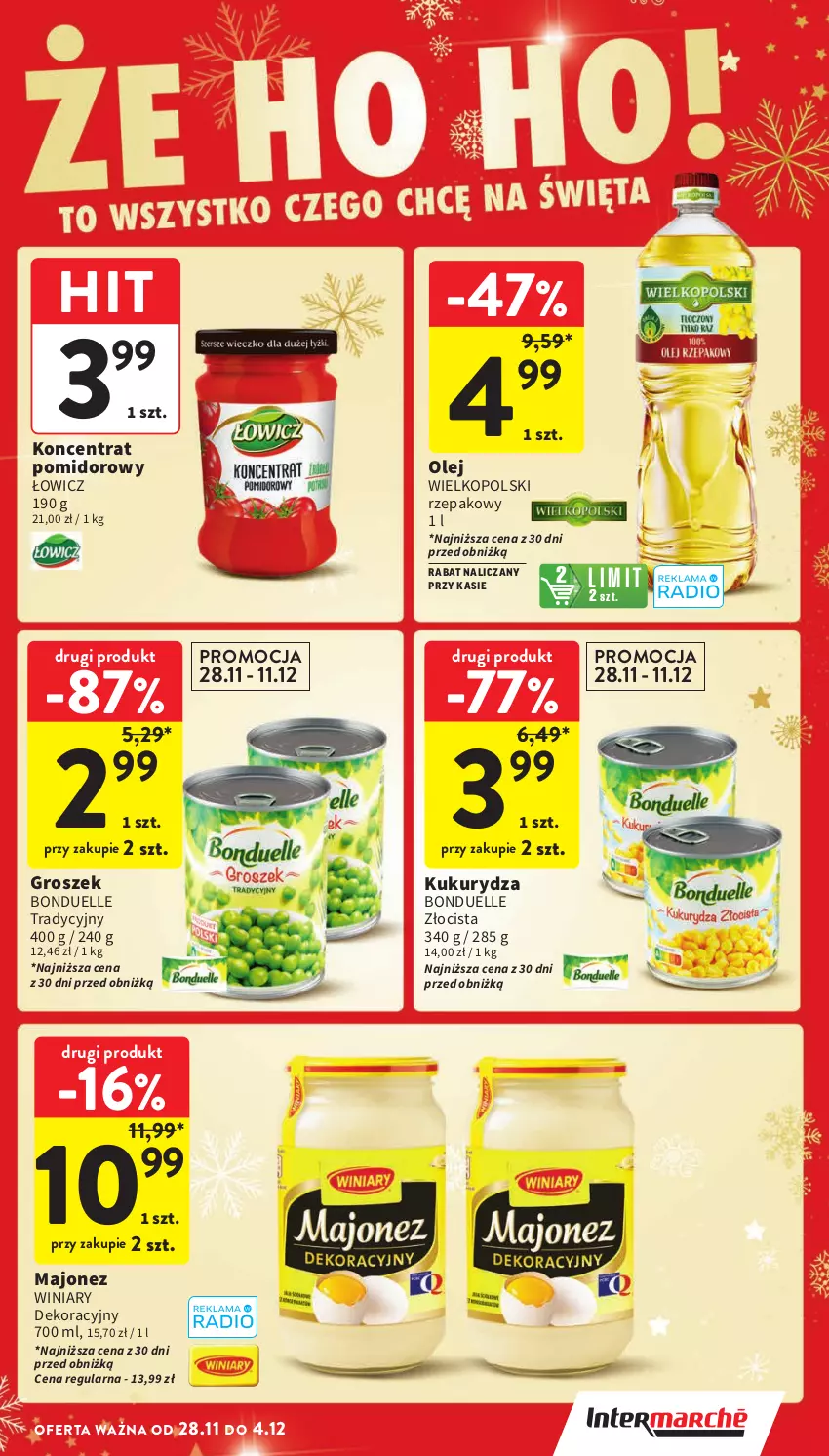 Gazetka promocyjna Intermarche - ważna 28.11 do 04.12.2024 - strona 17 - produkty: Bonduelle, Groszek, Koncentrat pomidorowy, Kukurydza, Majonez, Olej, Winiary