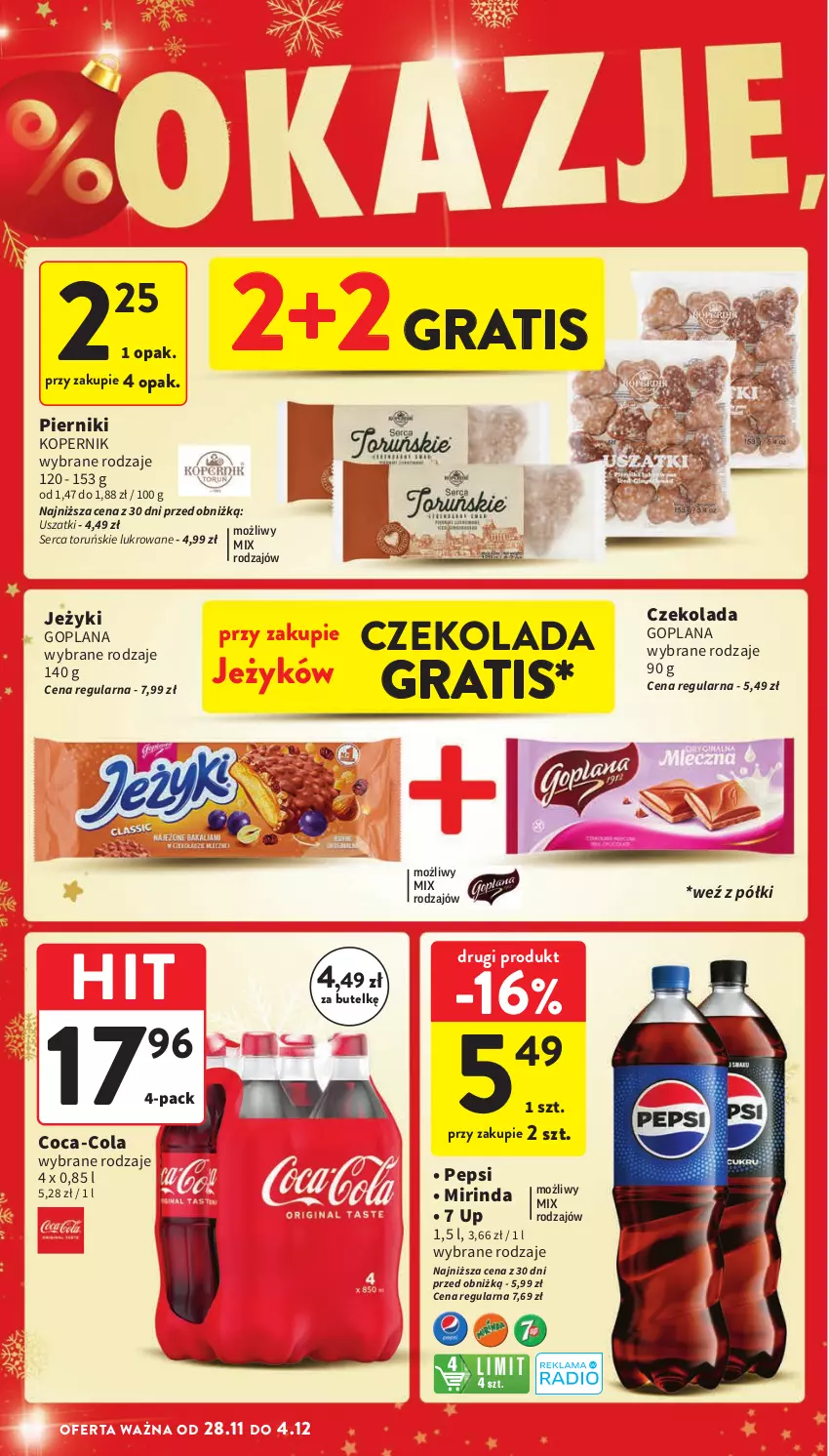 Gazetka promocyjna Intermarche - ważna 28.11 do 04.12.2024 - strona 18 - produkty: Coca-Cola, Czekolada, Goplana, Gra, Jeżyki, LANA, Mirinda, Pepsi, Piernik, Ser