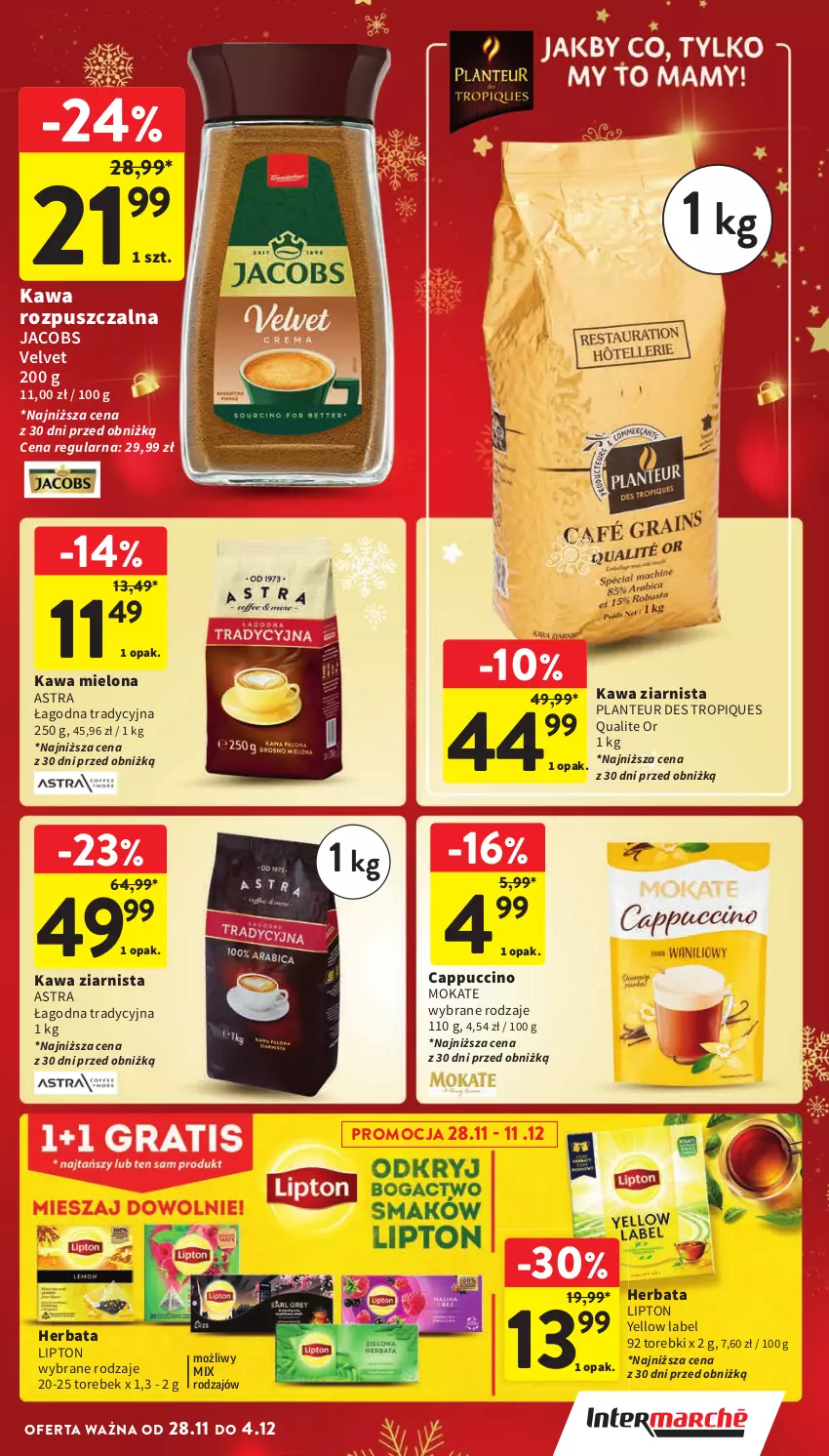 Gazetka promocyjna Intermarche - ważna 28.11 do 04.12.2024 - strona 37 - produkty: Cappuccino, Herbata, Jacobs, Jacobs Velvet, Kawa, Kawa mielona, Kawa rozpuszczalna, Kawa ziarnista, Lipton, Velvet