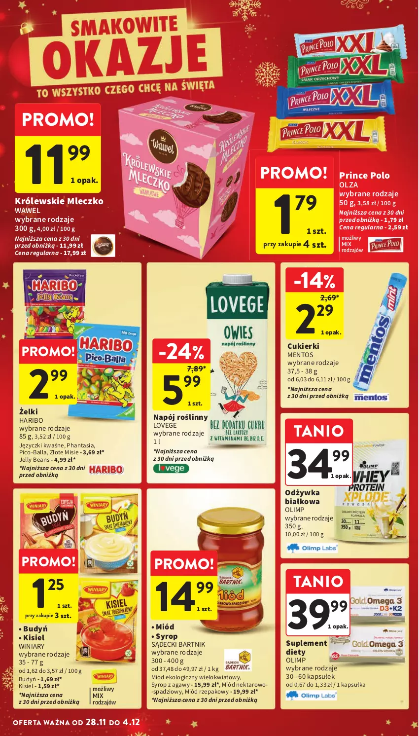 Gazetka promocyjna Intermarche - ważna 28.11 do 04.12.2024 - strona 38 - produkty: Budyń, Cukier, Cukierki, Haribo, Jelly beans, Kisiel, Królewski, Królewskie Mleczko, Mentos, Miód, Mleczko, Napój, Napój roślinny, Nektar, Odżywka, Pico-Balla, Prince Polo, Suplement diety, Syrop, Wawel, Winiary