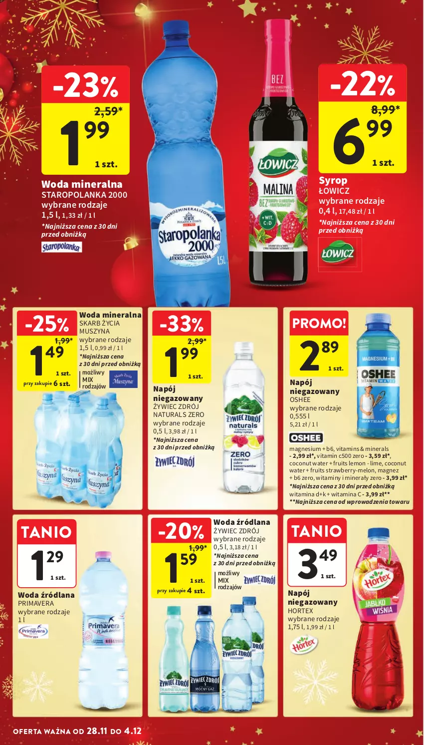 Gazetka promocyjna Intermarche - ważna 28.11 do 04.12.2024 - strona 40 - produkty: Hortex, LANA, Magnez, Melon, Mus, Napój, Napój niegazowany, Oshee, Prima, Primavera, Staropolanka, Syrop, Szyna, Woda, Woda mineralna