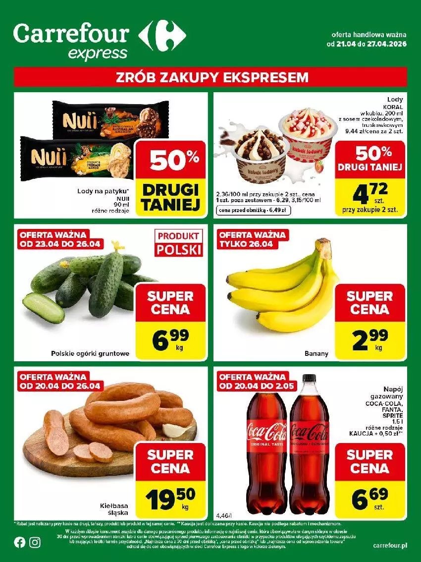 Gazetka promocyjna Carrefour - Gazetka Express - ważna 21.04 do 27.04.2026 - strona 1 - produkty: Fa, Fanta, Kiełbasa, Lody, Sos, Sprite
