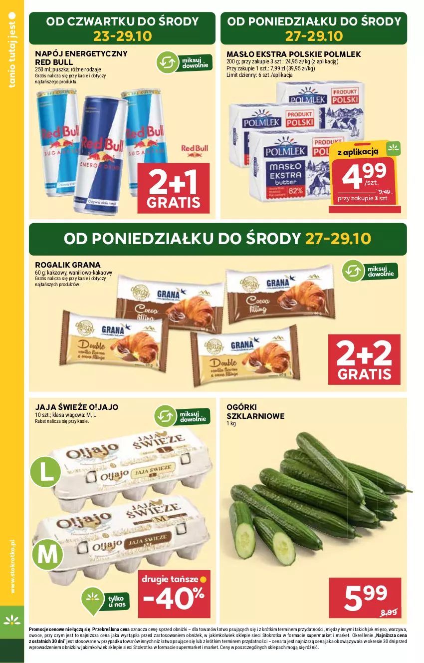 Gazetka promocyjna Stokrotka - Supermarket - ważna 23.10 do 29.10.2025 - strona 4 - produkty: Gra, Jaja, Kakao, Masło, Mięso, Napój, Napój energetyczny, Owoce, POLMLEK, Red Bull, Rogal, Warzywa
