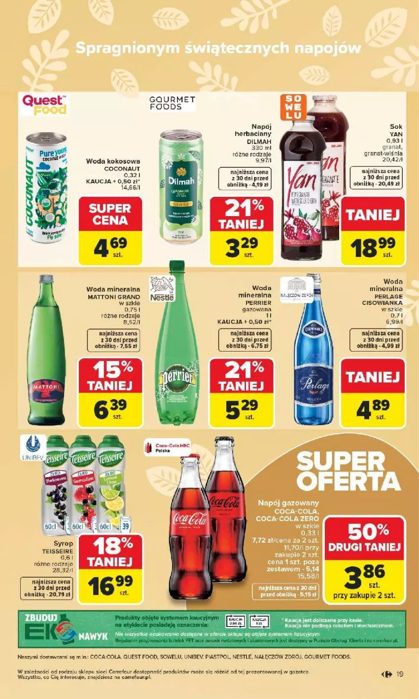 Gazetka promocyjna Carrefour - Gazetka Wielkanoc smakuje lepiej - ważna 16.03 do 04.04.2026 - strona 19 - produkty: Cisowianka, Coca-Cola, Dilmah, Gra, Granat, Kokos, Napój, Piast, STP, Woda, Woda mineralna