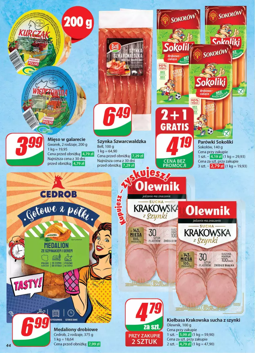 Gazetka promocyjna Dino - Gazetka 43 / 2024 - ważna 23.10 do 29.10.2024 - strona 45 - produkty: Bell, Gala, Kiełbasa, Kiełbasa krakowska, Lion, Mięso, Mięso w galarecie, Olewnik, Parówki, Parówki sokoliki, Piekarnik, Sok, Sokołów, Szynka