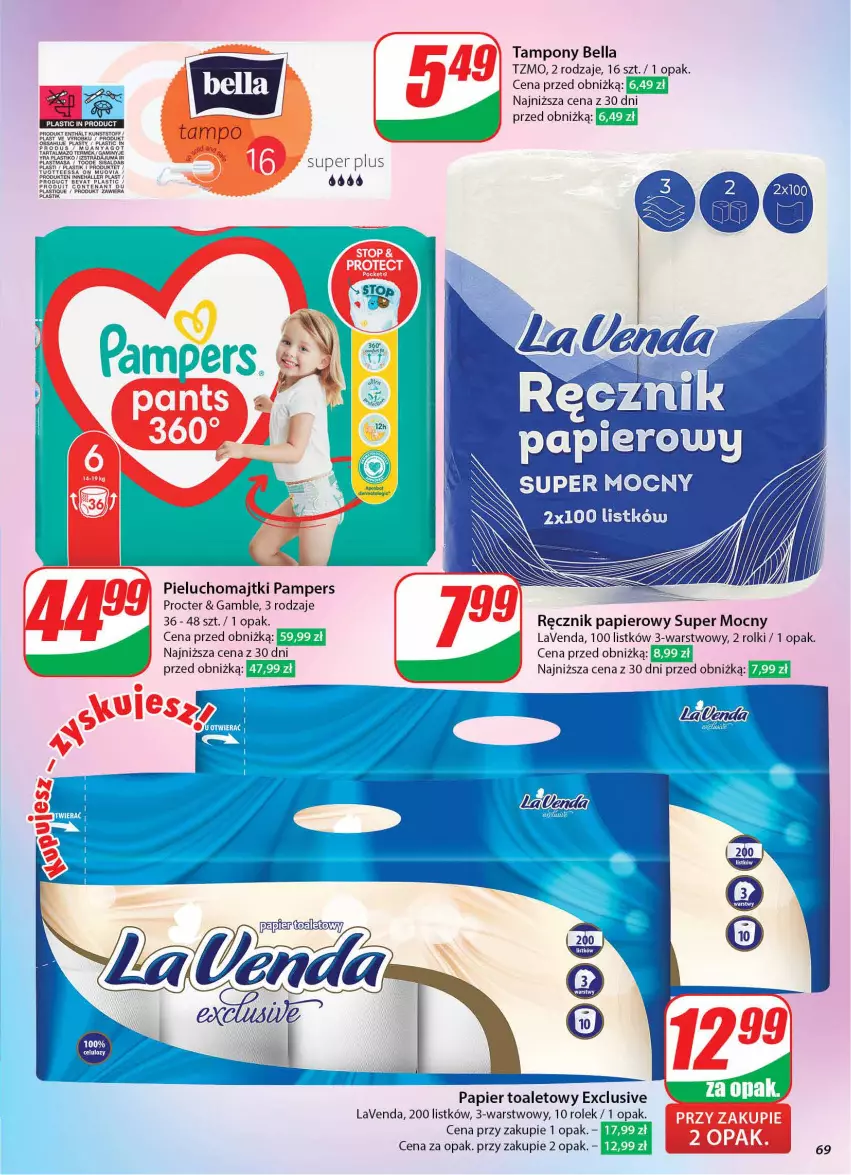 Gazetka promocyjna Dino - Gazetka 43 / 2024 - ważna 23.10 do 29.10.2024 - strona 70 - produkty: Bell, Bella, Fa, HP, Majtki, Pampers, Papier, Papier toaletowy, Pieluchomajtki, Ręcznik, Rolki, Tampony