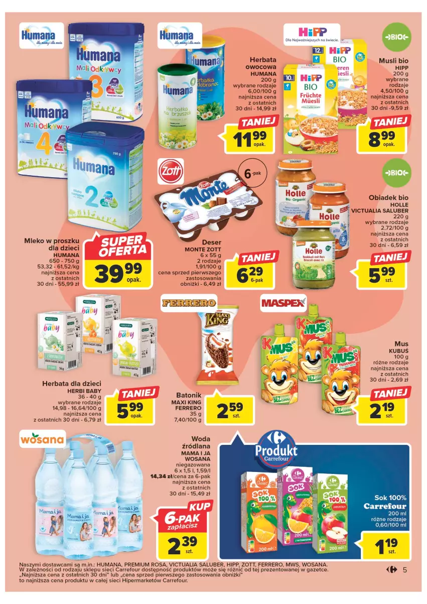 Gazetka promocyjna Carrefour - Gazetka Klasa dla bobasa - ważna 14.02 do 25.02.2023 - strona 7 - produkty: Baton, Dzieci, Ferrero, Herbata, HiPP, Holle, Humana, Karp, Kubuś, LANA, Mleko, Mleko w proszku, Mus, Sok, Tonik, Wosana, Zott