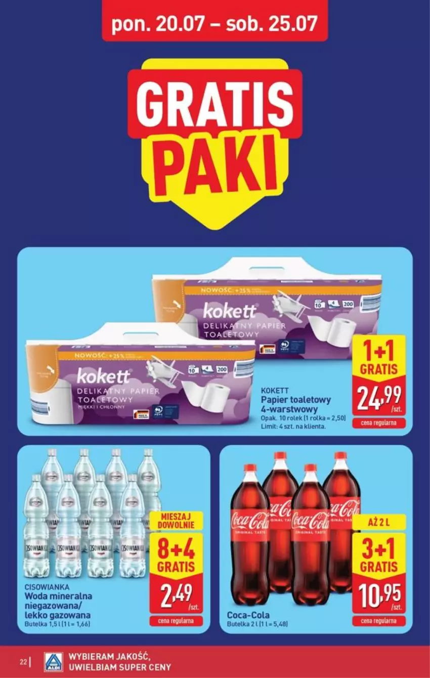 Gazetka promocyjna Aldi - Pełna oferta - ważna 20.07 do 25.07.2026 - strona 22 - produkty: Cisowianka, Coca-Cola, Gra, Papier, Papier toaletowy, Woda, Woda mineralna