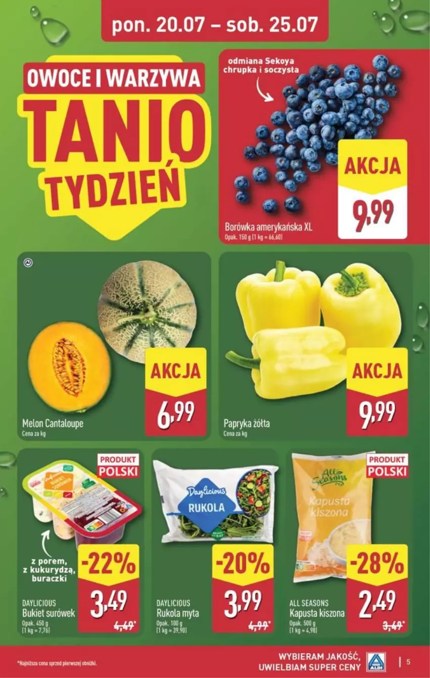 Gazetka promocyjna Aldi - Pełna oferta - ważna 20.07 do 25.07.2026 - strona 5 - produkty: Borówka, Borówka amerykańska, Bukiet, Fa, Melon, Owoce, Rukola, SEKO, Warzywa