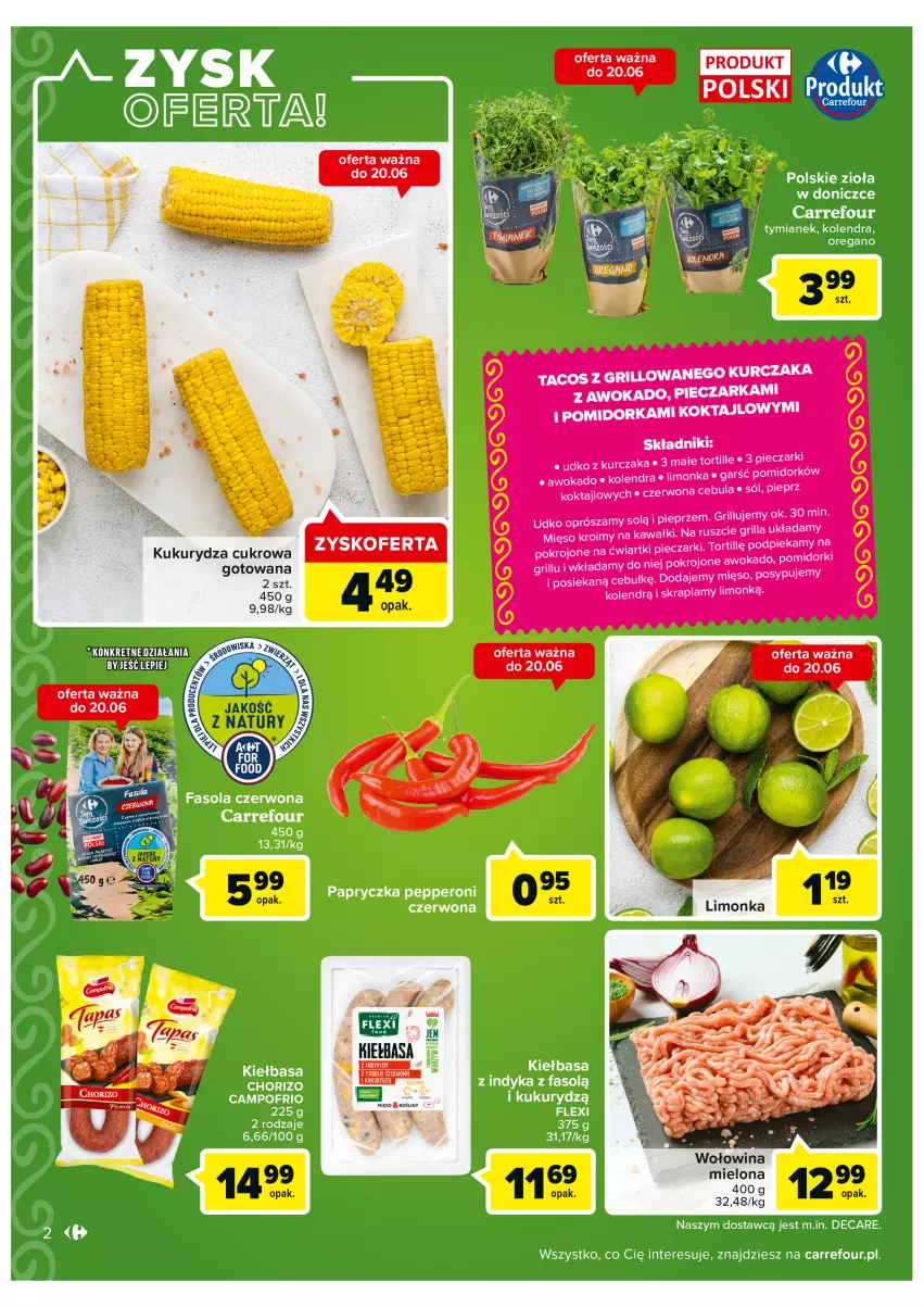 Gazetka promocyjna Carrefour - Gazetka Tak smakuje Meksyk - ważna 14.06 do 26.06.2022 - strona 2 - produkty: Cebula, Gin, Grill, Kawa, Kiełbasa, Kolendra, Kukurydza, Kurczak, Mięso, Orka, Piec, Pieczarka, Pieprz, Sól