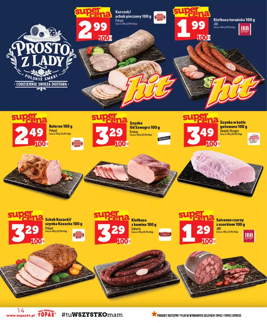 Gazetka promocyjna Topaz - Gazetka - ważna 13.08 do 19.08.2026 - strona 14 - produkty: Kiełbasa, LG, Pekpol, Piec, Schab pieczony, Top
