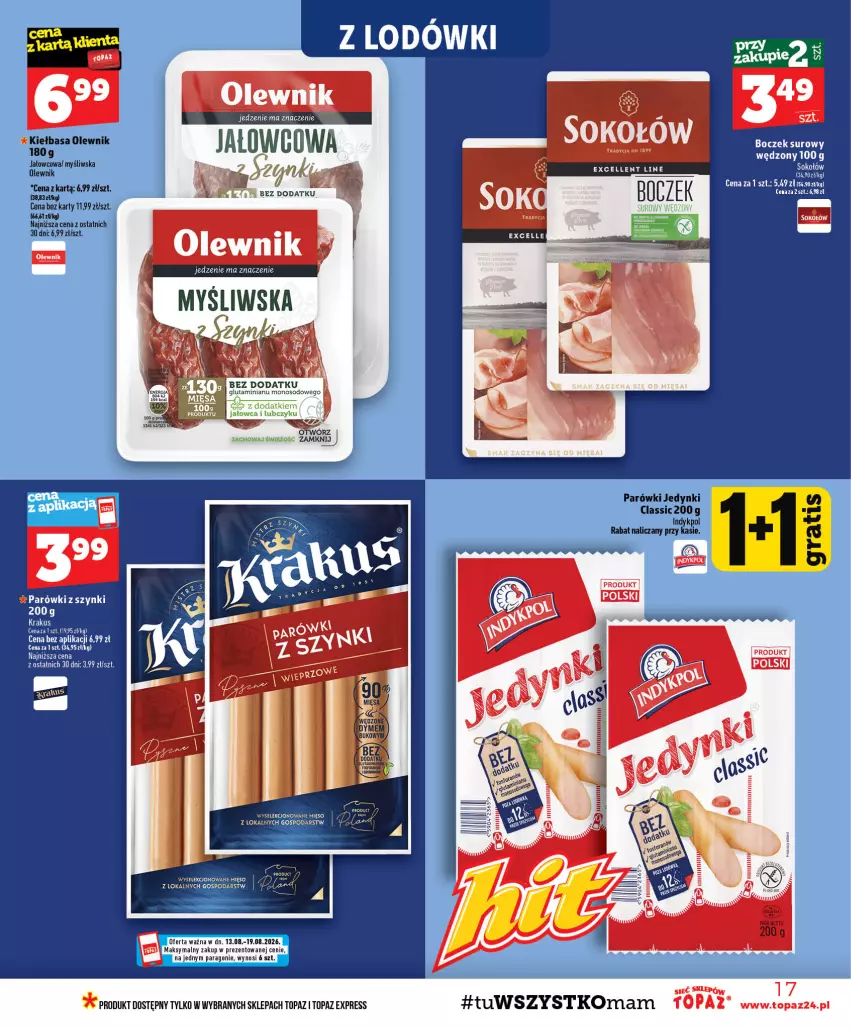 Gazetka promocyjna Topaz - Gazetka - ważna 13.08 do 19.08.2026 - strona 17 - produkty: Boczek, EPEE, Gra, Kiełbasa, Krakus, LG, Olewnik, Parówki, Ser, Top