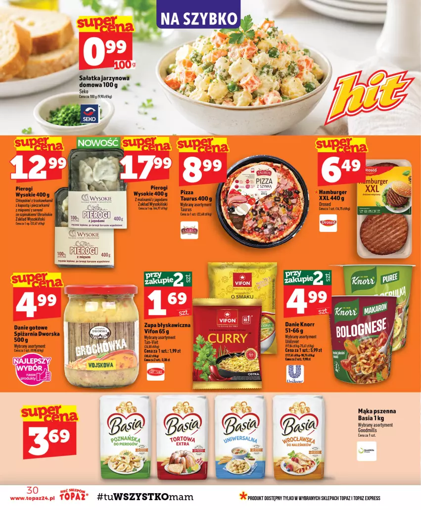 Gazetka promocyjna Topaz - Gazetka - ważna 13.08 do 19.08.2026 - strona 30 - produkty: Basia, Burger, Danie gotowe, Fa, Gra, Hamburger, Knorr, LG, Mąka, Mąka pszenna, Pierogi, Pizza, Sok, Szpinak, Top, Zupa