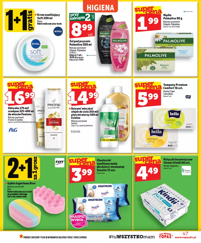 Gazetka promocyjna Topaz - Gazetka - ważna 13.08 do 19.08.2026 - strona 47 - produkty: Bell, Bella, Chusteczki, Cleanic, Colgate, Dzieci, Eveline, Gra, Kindii, Krem nawilżający, LG, Mleczko, Mydło, Nivea, Odżywka, Olej, Olejek do ciała, Palmolive, Pantene, Patyczki kosmetyczne, Płyn micelarny, Sito, Szampon, Tampony, Top