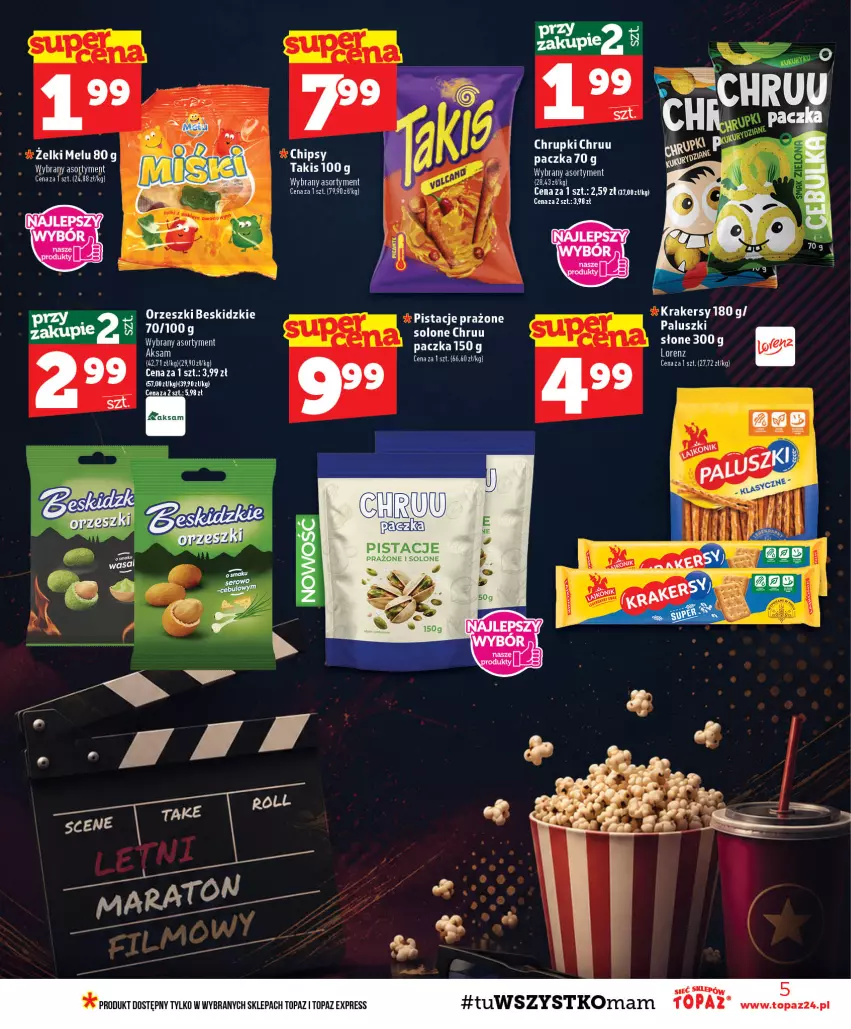 Gazetka promocyjna Topaz - Gazetka - ważna 13.08 do 19.08.2026 - strona 5 - produkty: Aksam, Beskidzki, Chrupki, Lorenz, Orzeszki, Pistacje, Top