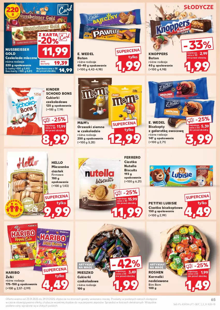 Gazetka promocyjna Kaufland - Gazetka tygodnia - ważna 23.01 do 29.01.2025 - strona 65 - produkty: Baton, Biszkopty, Ciastka, Cukier, Cukierki, Cukierki czekoladowe, Czekolada, Czekolada mleczna, E. Wedel, Ferrero, Gala, Haribo, Kinder, Knoppers, Lubisie, Nutella, Orzeszki, Orzeszki ziemne, Ser, Stek