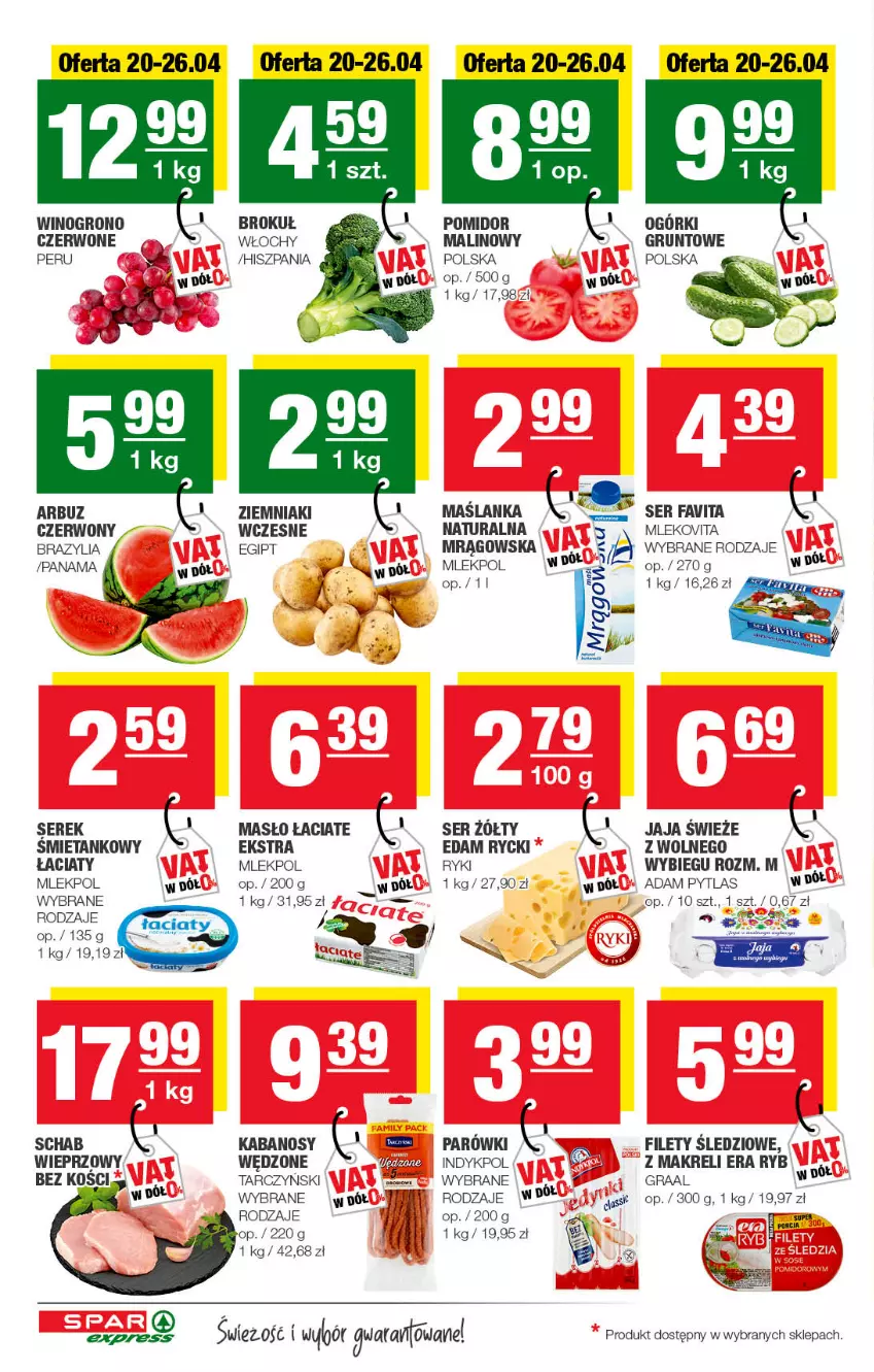 Gazetka promocyjna Spar - SparExpress - ważna 19.04 do 29.04.2022 - strona 2 - produkty: Arbuz, Edam, Era Ryb, Fa, Favita, Grunt, Jaja, Kabanos, Maślanka, Masło, Mleko, Mlekovita, Ser, Serek, Tarczyński, Ziemniaki