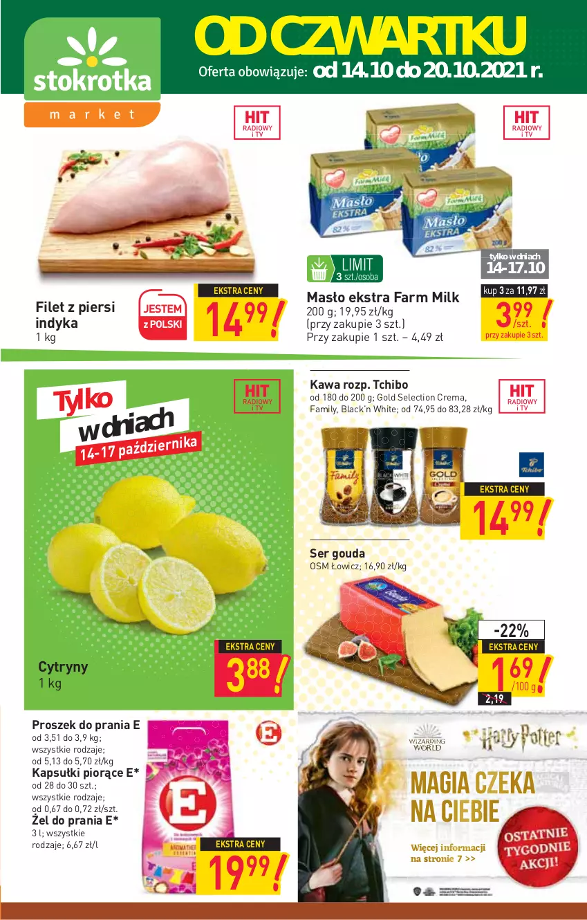 Gazetka promocyjna Stokrotka - Market - ważna 14.10 do 20.10.2021 - strona 1 - produkty: Cytryny, Fa, Farm Milk, Filet z piersi indyka, Gouda, Kawa, Lack, Masło, Proszek do prania, Ser, Tchibo