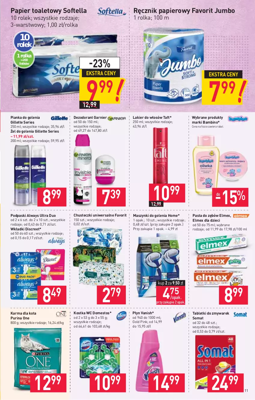 Gazetka promocyjna Stokrotka - Market - ważna 14.10 do 20.10.2021 - strona 11 - produkty: Always, Always Ultra, Chusteczki, Dezodorant, Discreet, Domestos, Dzieci, Elmex, Fa, Garnier, Gillette, Lakier, Lakier do włosów, Papier, Papier toaletowy, Pasta do zębów, Pianka do golenia, Podpaski, Pur, Purina, Ręcznik, Ser, Somat, Tablet, Taft, Vanish, Wkładki