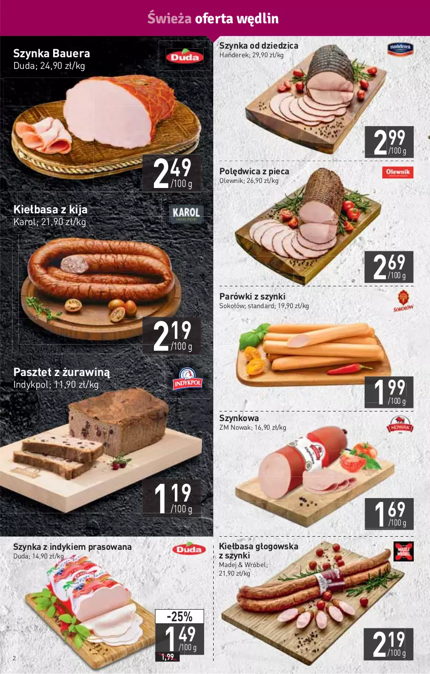 Gazetka promocyjna Stokrotka - Market - ważna 14.10 do 20.10.2021 - strona 2 - produkty: Duda, HP, Kiełbasa, Kiełbasa głogowska, NOWAK, Olewnik, Parówki, Parówki z szynki, Pasztet, Piec, Polędwica, Sok, Sokołów, Szynka