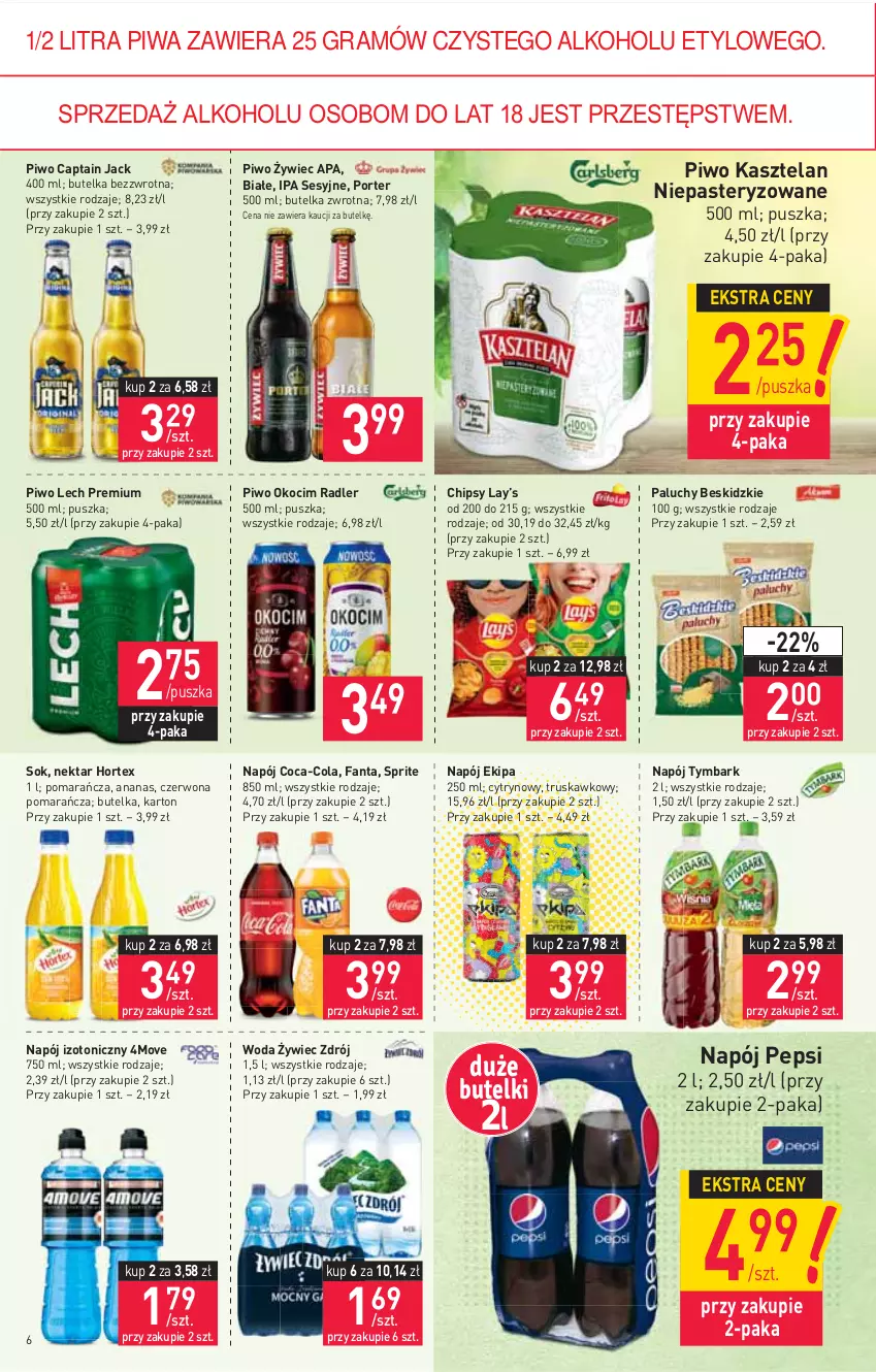 Gazetka promocyjna Stokrotka - Market - ważna 14.10 do 20.10.2021 - strona 6 - produkty: Ananas, Beskidzki, Captain Jack, Chipsy, Coca-Cola, Fa, Fanta, Gra, Hortex, Kasztelan, Koc, Lay’s, Lech Premium, Napój, Napój izotoniczny, Nektar, Okocim, Pepsi, Piwa, Piwo, Por, Radler, Sok, Sprite, Tymbark, Woda