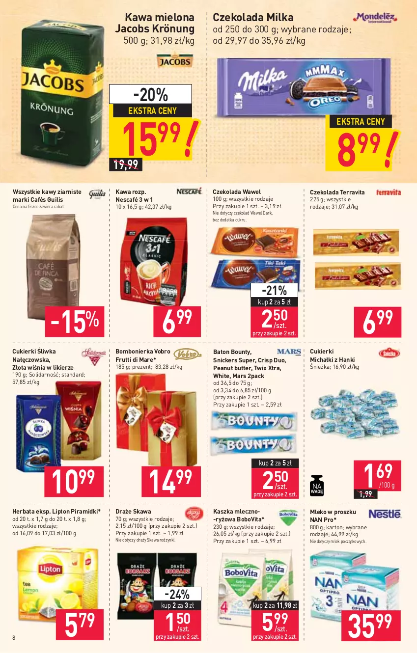 Gazetka promocyjna Stokrotka - Market - ważna 14.10 do 20.10.2021 - strona 8 - produkty: Baton, BoboVita, Bounty, Cukier, Cukierki, Czekolada, Herbata, Jacobs, Jacobs Krönung, Kawa, Kawa mielona, Likier, Lipton, Mars, Michałki, Milka, Mleko, Mleko w proszku, Nescafé, Rodzynki, Ryż, Snickers, Twix, Wawel