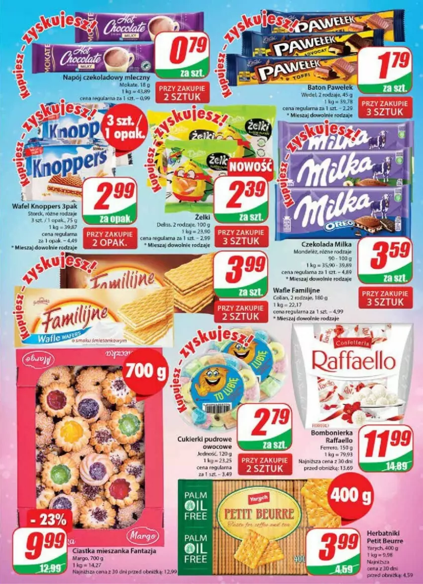 Gazetka promocyjna Dino - ważna 08.11 do 14.11.2023 - strona 18 - produkty: Ciastka, Cukier, Cukierki, Czekolada, Fa, Fanta, Ferrero, Herbatniki, Knoppers, Milka, Raffaello, Wafle