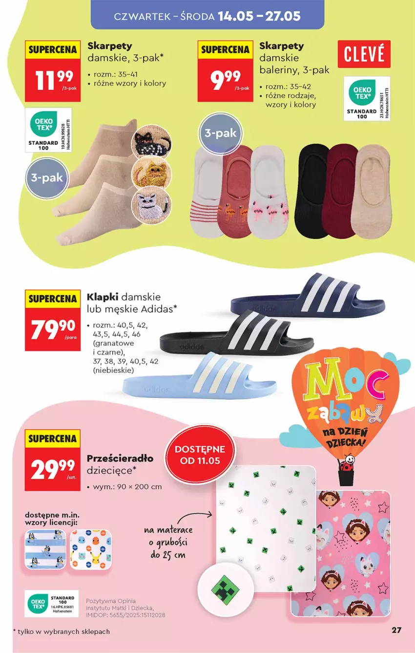 Gazetka promocyjna Biedronka - Okazje Tygodnia - ważna 09.05 do 23.05.2026 - strona 27 - produkty: Adidas, Baleriny, Dzieci, Gra, Granat, Karp, Klapki, Materac, Prześcieradło, Tera