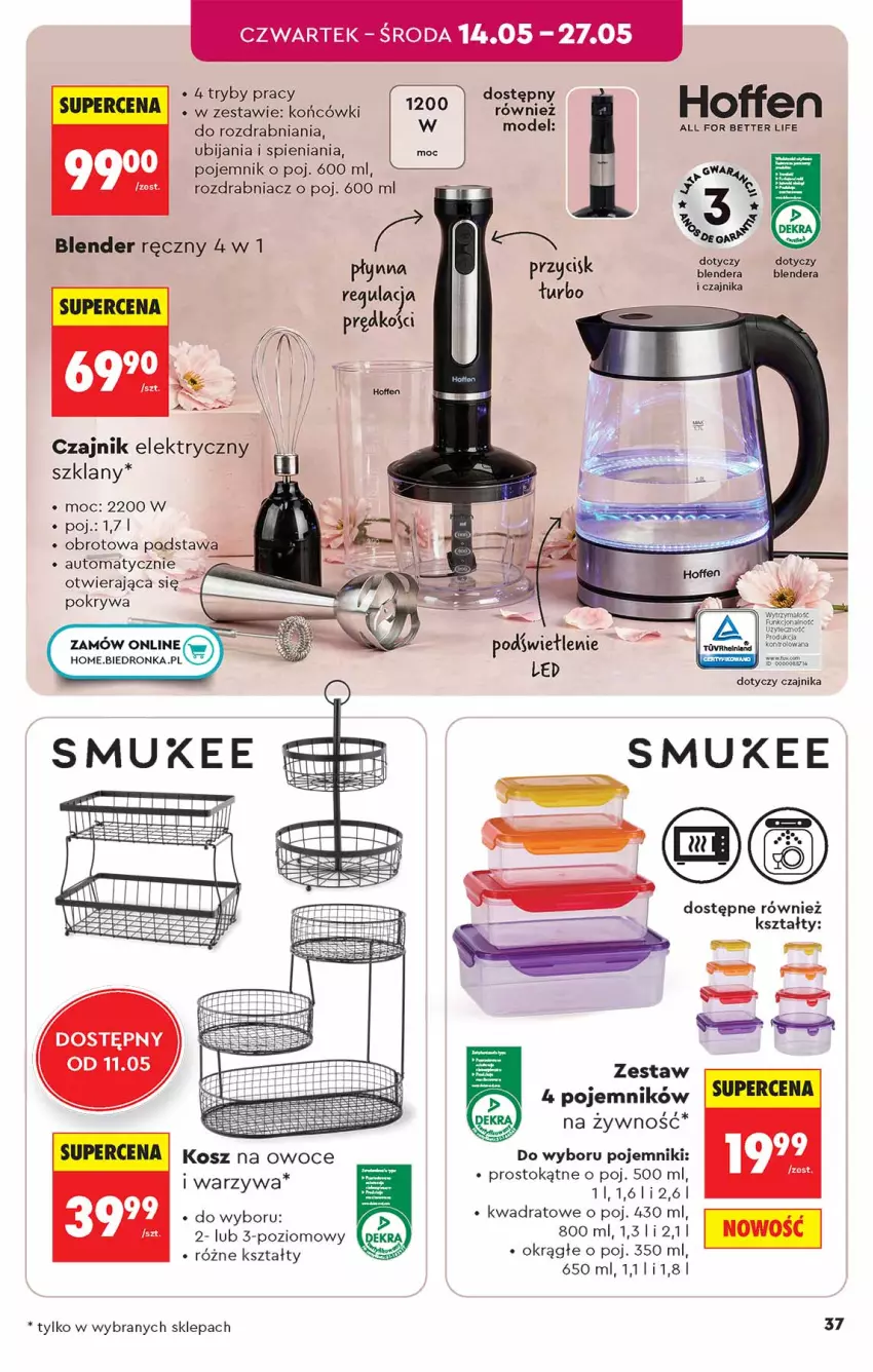 Gazetka promocyjna Biedronka - Okazje Tygodnia - ważna 09.05 do 23.05.2026 - strona 37 - produkty: Blender, Blender ręczny, Czajnik, Czajnik elektryczny, Kosz, LANA, Owoce, Pojemnik, Rozdrabniacz, Taft, Warzywa