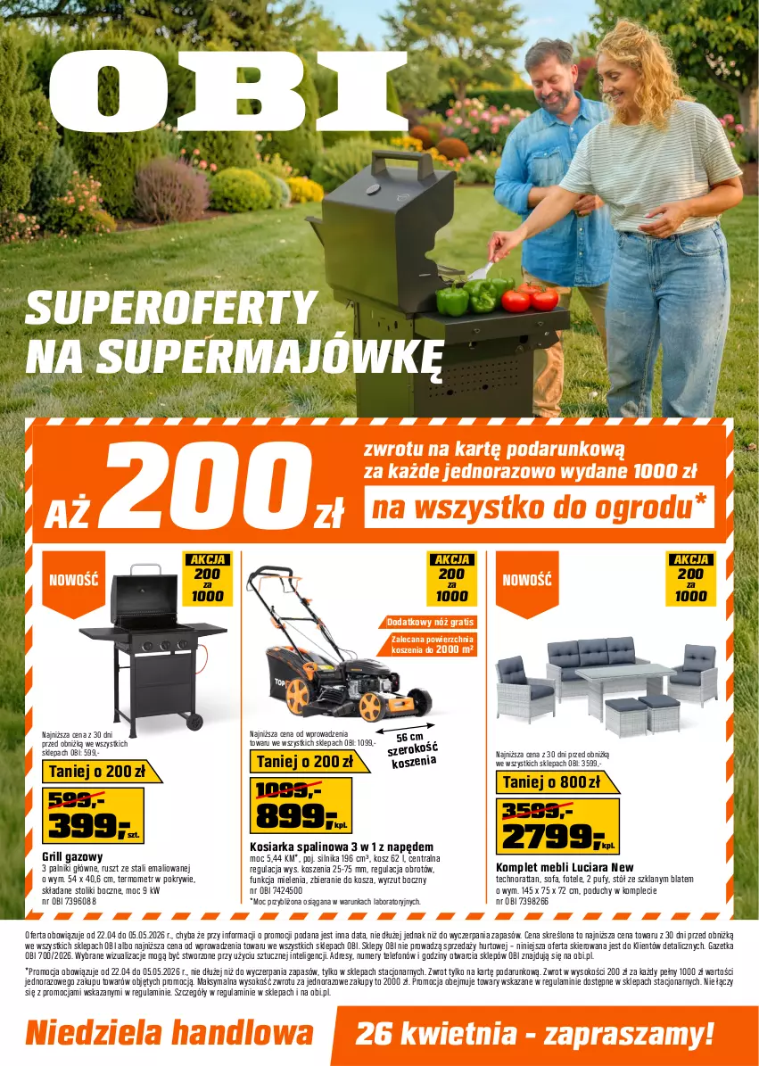 Gazetka promocyjna Obi - Gazetka OBI - ważna 22.04 do 05.05.2026 - strona 1 - produkty: Dres, Fa, Fotel, Gra, Grill, Grill gazowy, Intel, Kosiarka, Kosz, Puf, Sofa, Sok, Stół, Stolik, Telefon, Termometr
