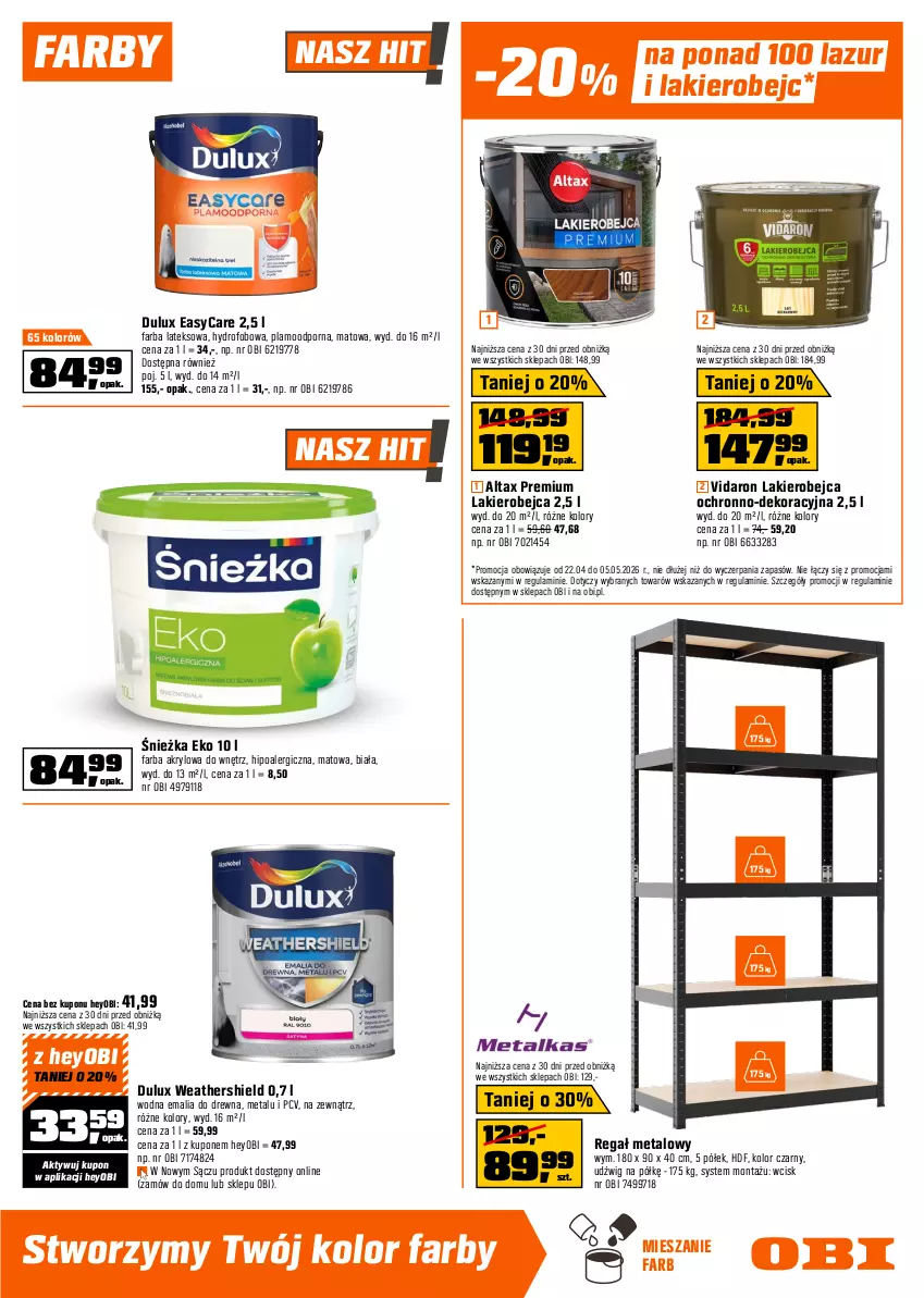 Gazetka promocyjna Obi - Gazetka OBI - ważna 22.04 do 05.05.2026 - strona 13 - produkty: Bateria, Bateria umywalkowa, Brodzik, Deska wolnoopadająca, Dulux, Dźwig, Fa, Farba akrylowa, Farba lateksowa, Hobby, Kabina prysznicowa, Kompakt WC, Kosz, Lakier, Lazur, Meble, Meble łazienkowe, Miska, Por, Regał, Regał metalowy, Rum, Ser, Słuchawka prysznicowa, Słupek, Sok, Szafka, Tran
